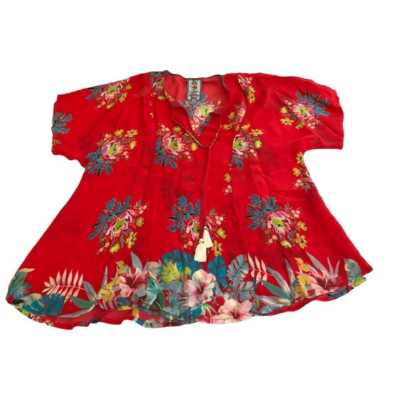 Johnny Was Red Floral Top Drop Tie Tassels Rayon Tunic Boho Women's Medium EUC - Picture 4 of 9